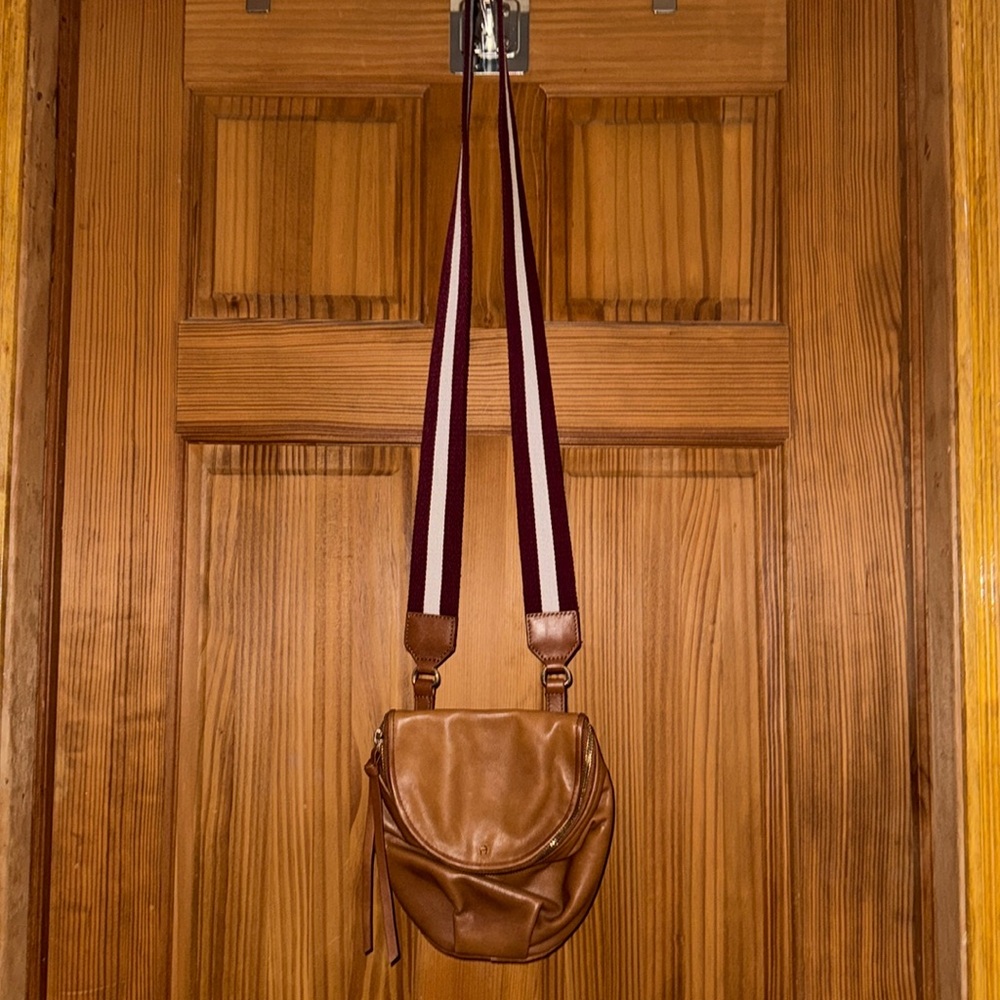 Etienne Aigner cross body bag Tan leather with thick canvas striped strap